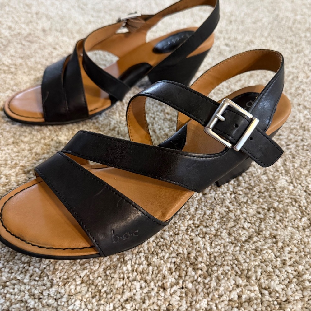 b.o.c. Born Concept Black Leather Strappy Block‎ Heel Sandals Z01103 Womens 7M